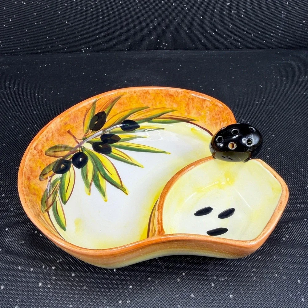 Hand Painted Ceramic Olive Serving Dish Mediterranean Signed 6in Orange Yellow